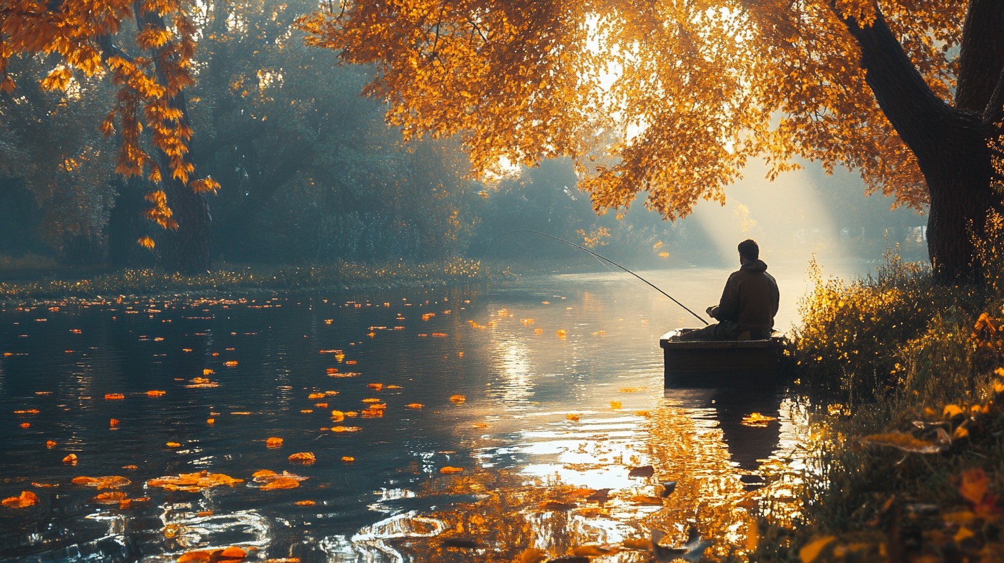 A person fishing alone in a small boat on a calm river, surrounded by golden autumn leaves and sunlight filtering through the trees