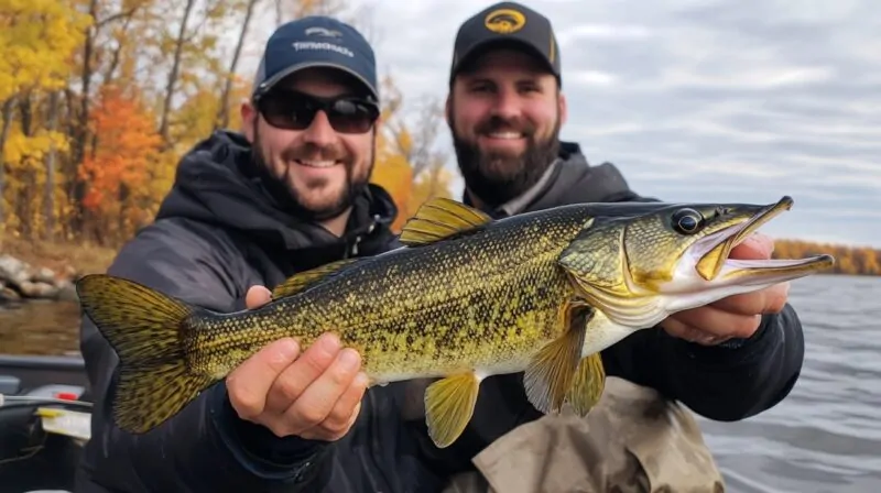 Two men on a boat proudly holding a freshly caught walleye with autumn trees in the background