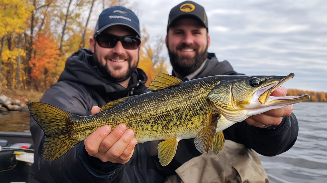 Two men on a boat proudly holding a freshly caught walleye with autumn trees in the background