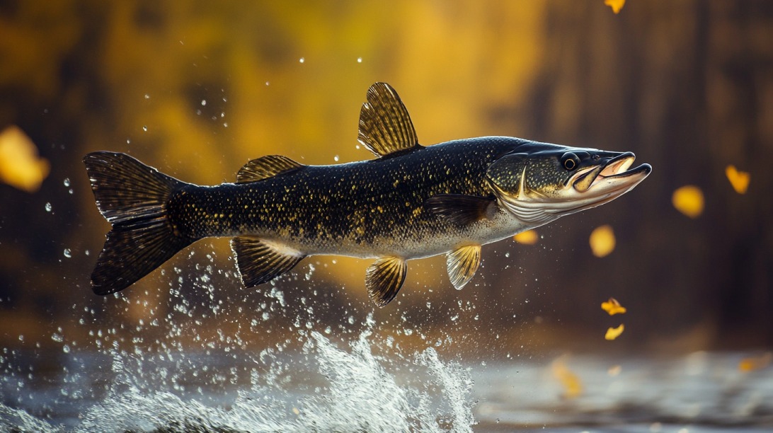 Walleye fish leaping out of the water with autumn leaves in the background