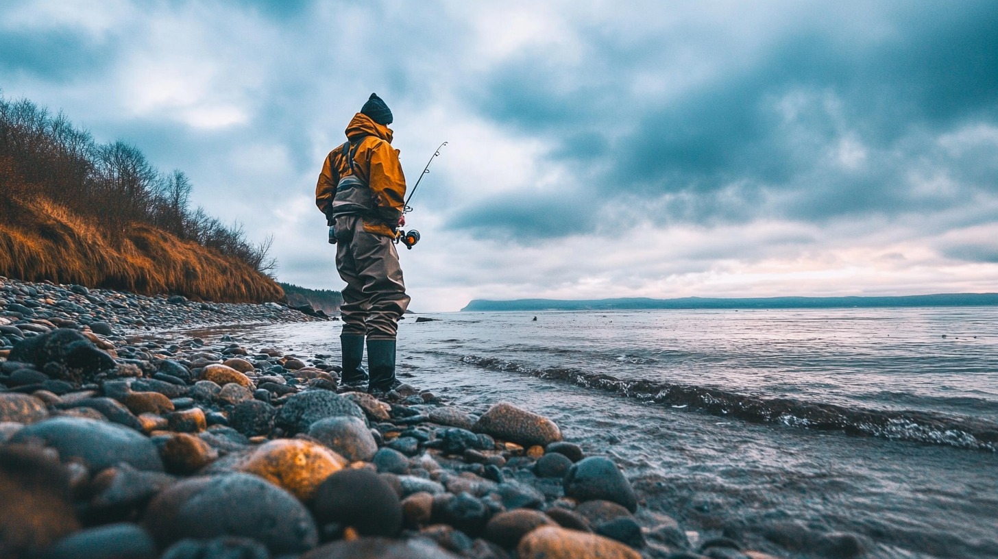 Angler in a yellow jacket standing on a rocky shore fishing at dawn under a cloudy sky
