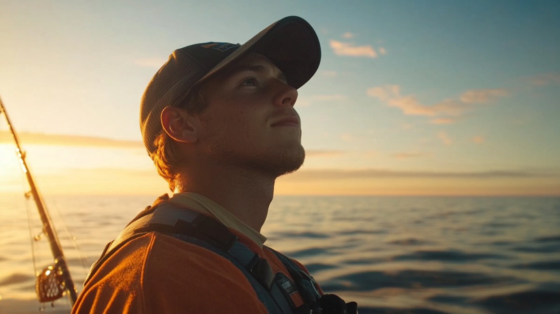Man in a cap looking upward while fishing on a calm ocean during sunset