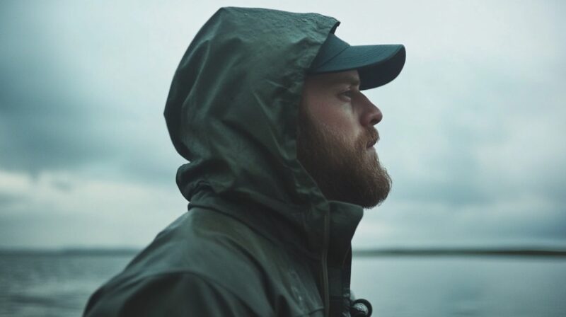 Bearded man in a rain jacket and cap gazing over water on a cloudy day.