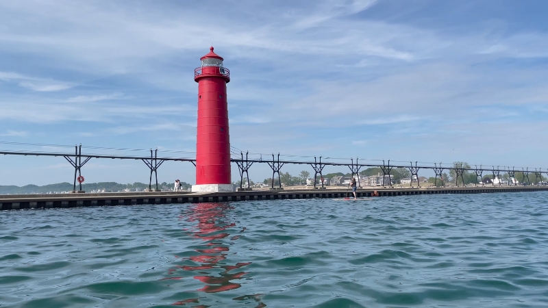 Red lighthouse on the Grand Haven pier in Michigan