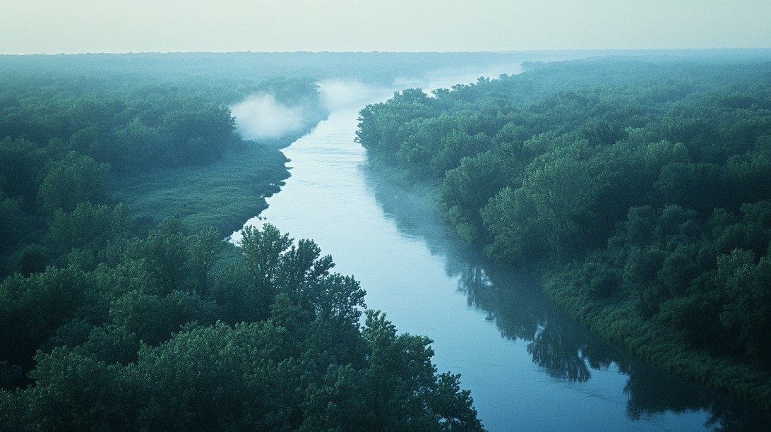 Aerial view of the misty Illinois River surrounded by dense green forest