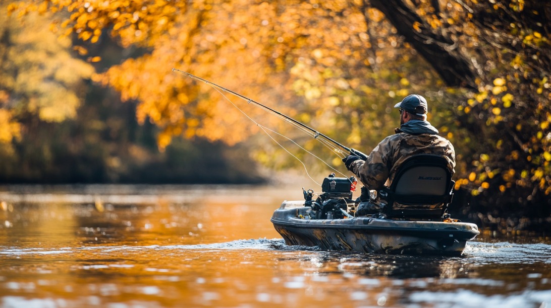 Man fishing from a small boat on a river surrounded by autumn-colored trees