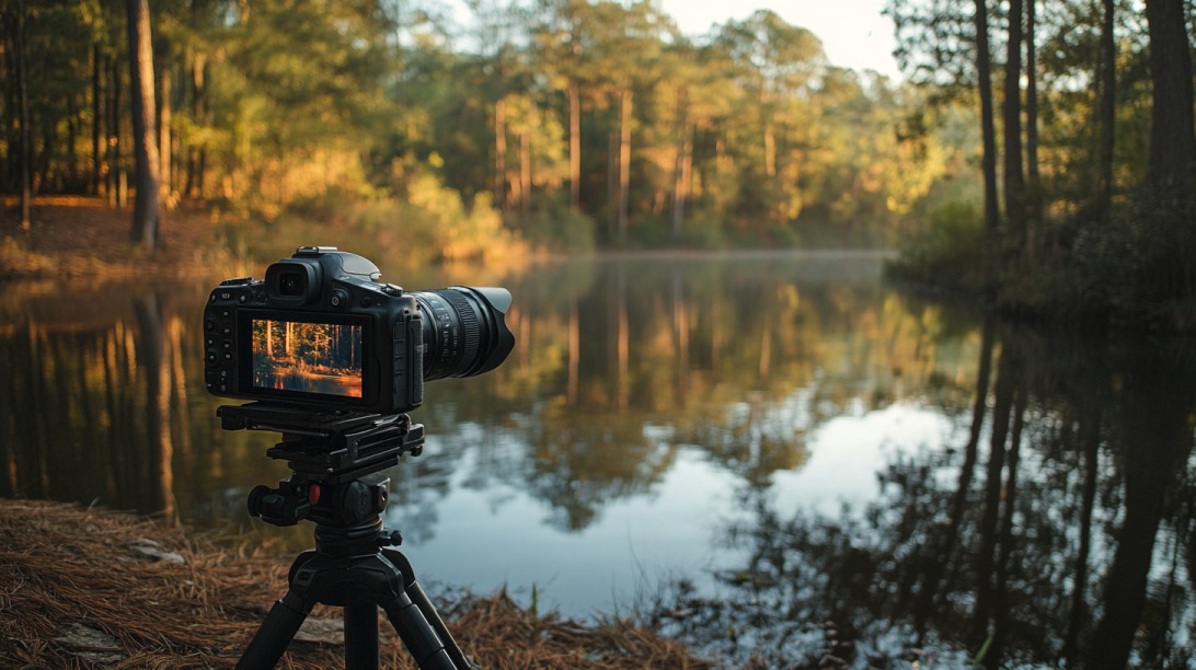 Camera on a tripod set up by a peaceful forest lake at sunrise