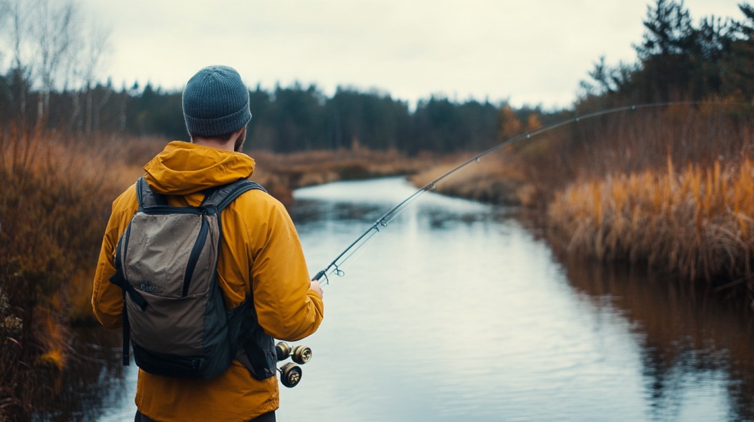 Man in a yellow jacket and backpack fishing on a calm river surrounded by autumn foliage