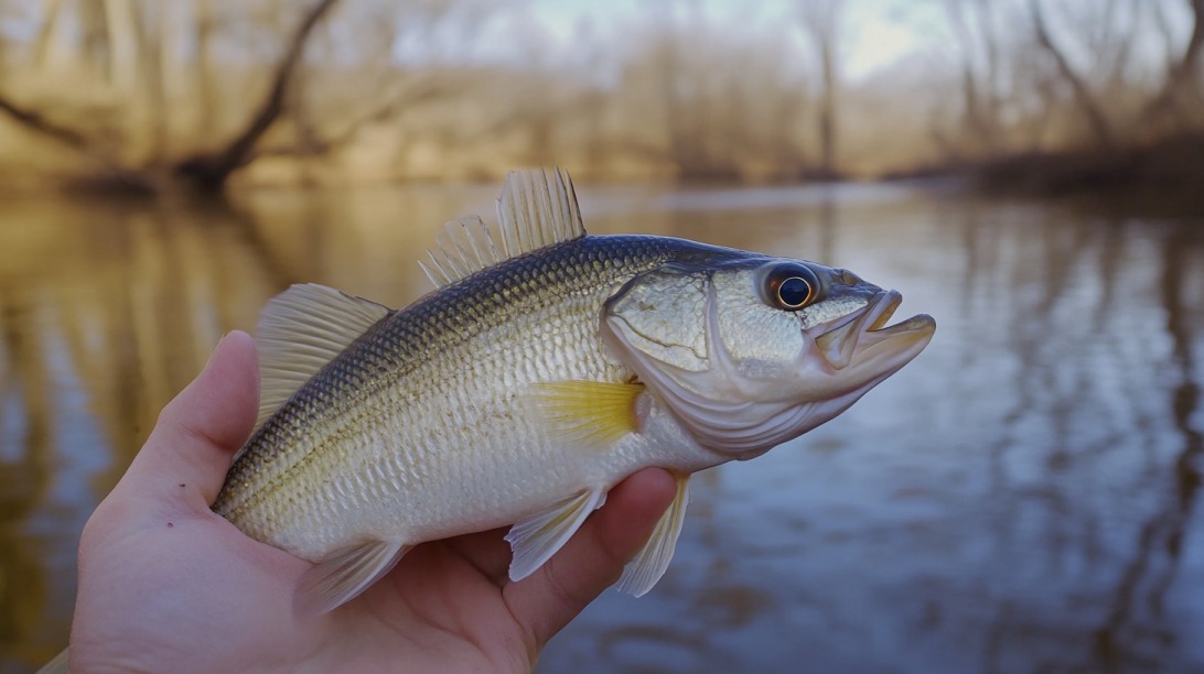 Hand holding a freshly caught white bass in a calm river setting
