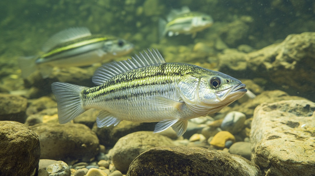 Underwater view of white bass swimming over rocks in a clear river