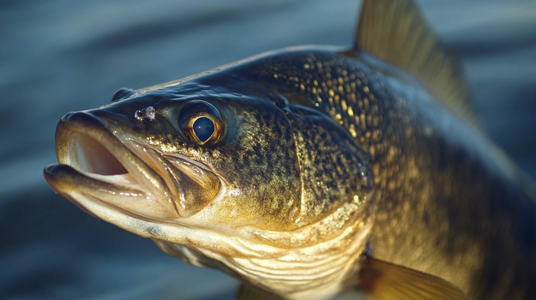Close-up of a freshly caught walleye fish held above water