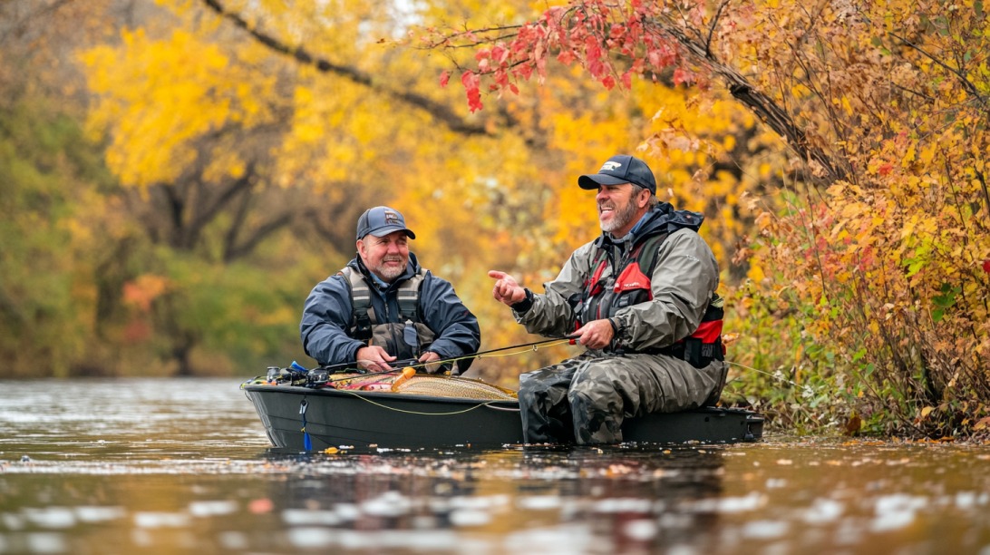 Two men in a small boat fishing with rods during fall, surrounded by colorful autumn trees