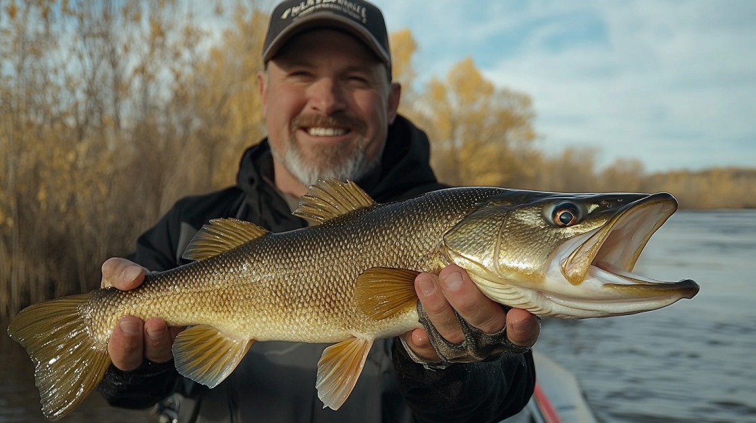 Smiling angler holding a freshly caught walleye near a riverbank in autumn
