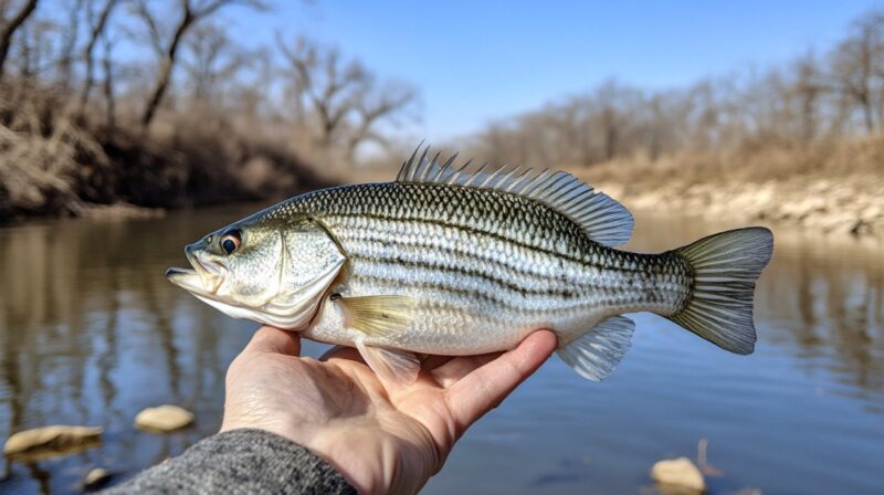 Person holding a white bass over a calm river during springtime