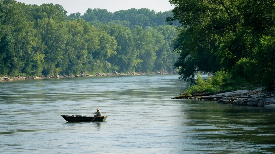 Angler fishing from a small boat on the Illinois River, surrounded by lush green trees and rocky banks