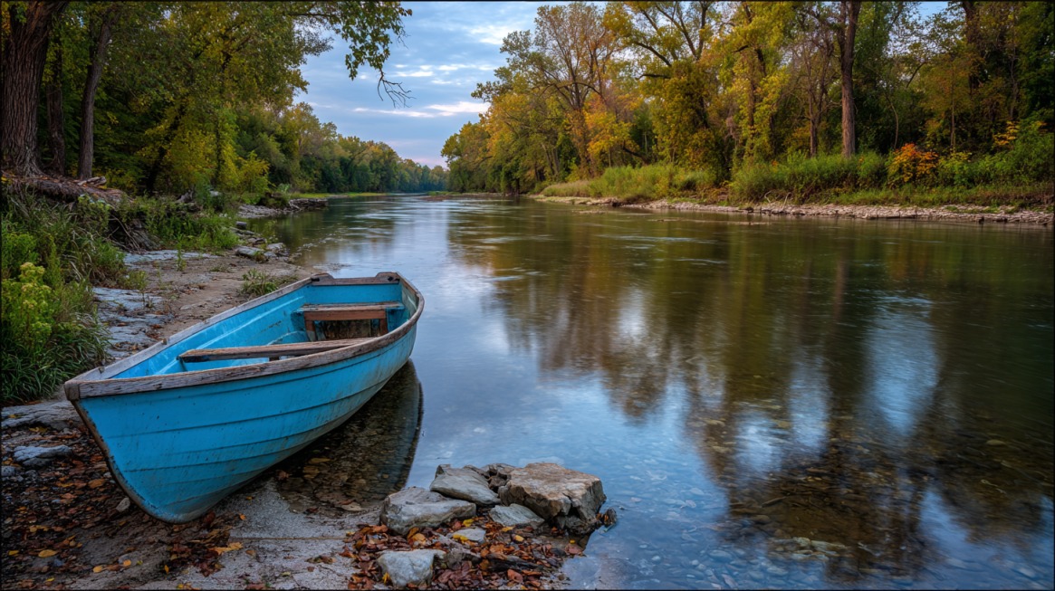 Blue wooden boat resting on the bank of the Kankakee River with trees reflecting in the calm water