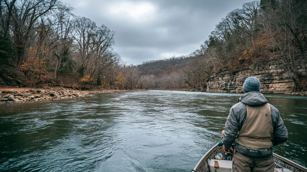 Angler standing in a boat on the Illinois River, surrounded by rocky cliffs and leafless trees under a cloudy sky.