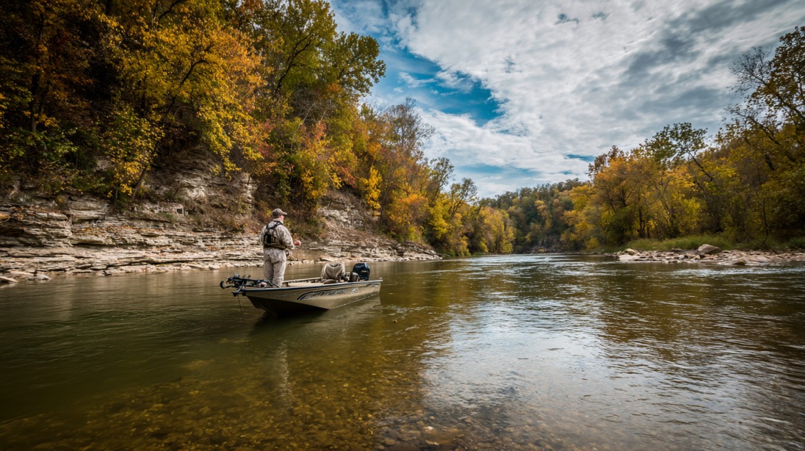 Angler standing on a boat fishing in the Illinois River during fall, with colorful autumn foliage and rocky banks