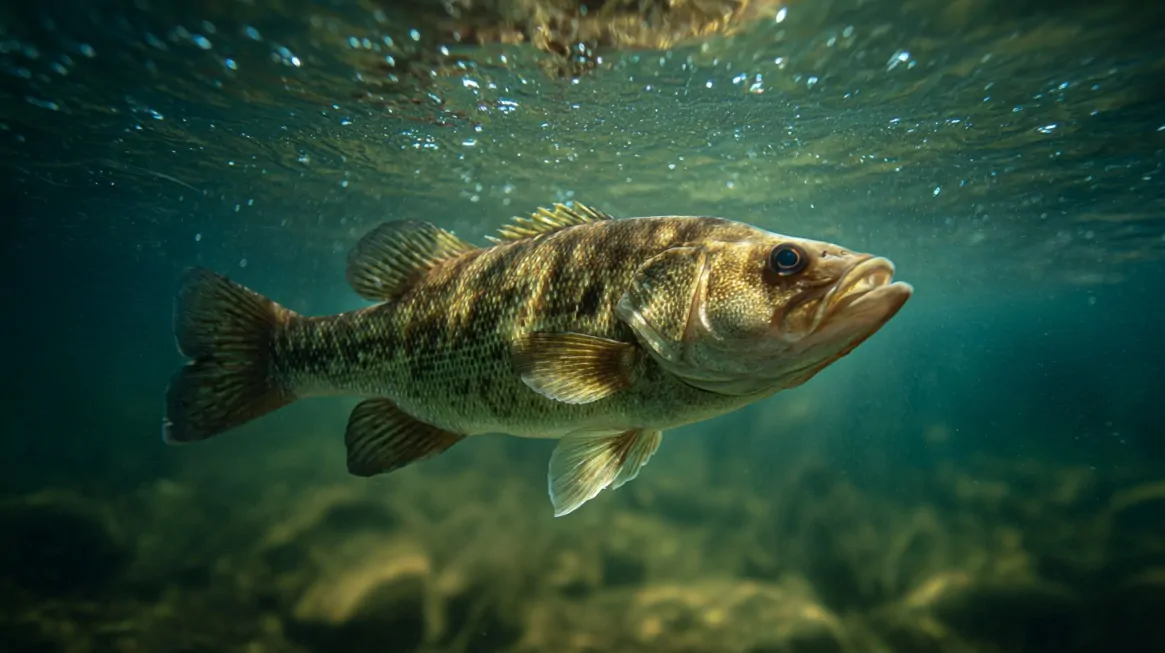 Underwater view of a smallmouth bass swimming in clear water