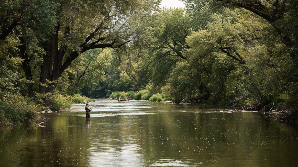 Man fishing with a rod while wading in the Kankakee River surrounded by trees