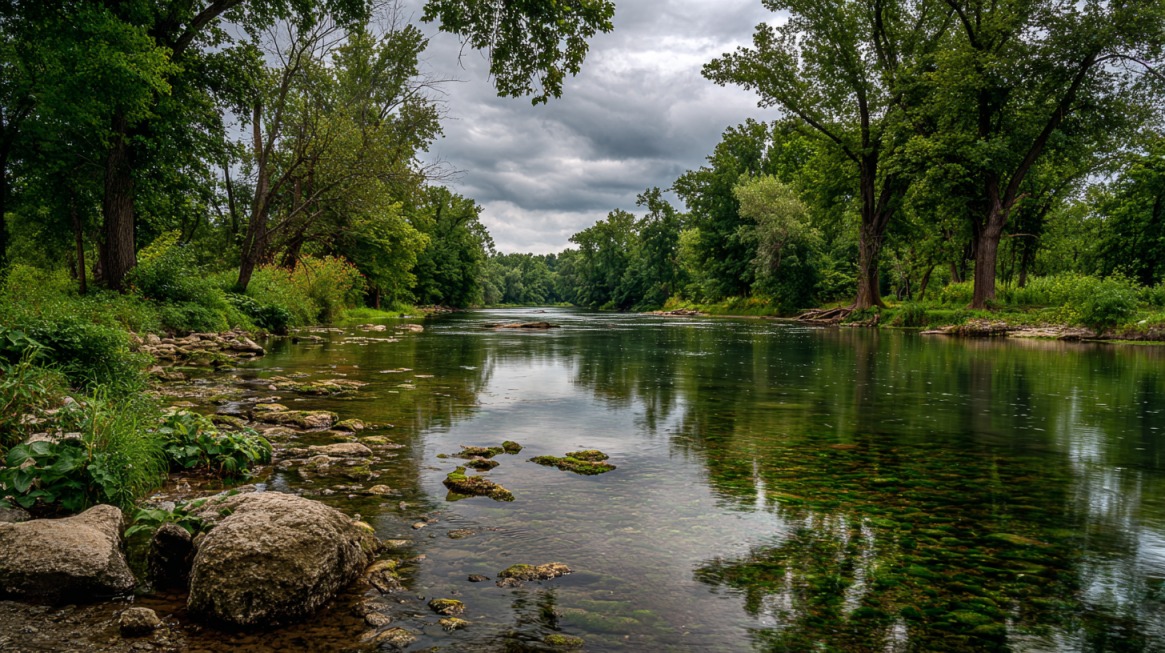 Scenic view of the Kankakee River with trees reflecting in calm water and rocks along the shoreline