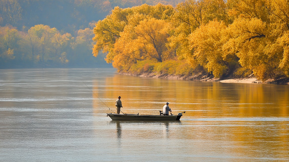 Two anglers fishing from a boat on the Illinois River in autumn, surrounded by trees with golden fall foliage reflecting on the water