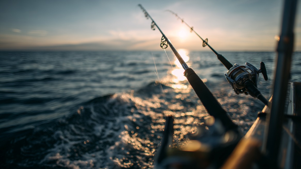 Close-up of fishing rods mounted on a boat, casting lines into the Illinois River at sunset with golden light reflecting off the water