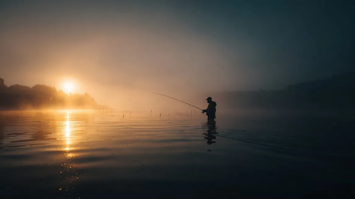 Silhouette of a person fishing at sunrise in shallow water on the Kankakee River