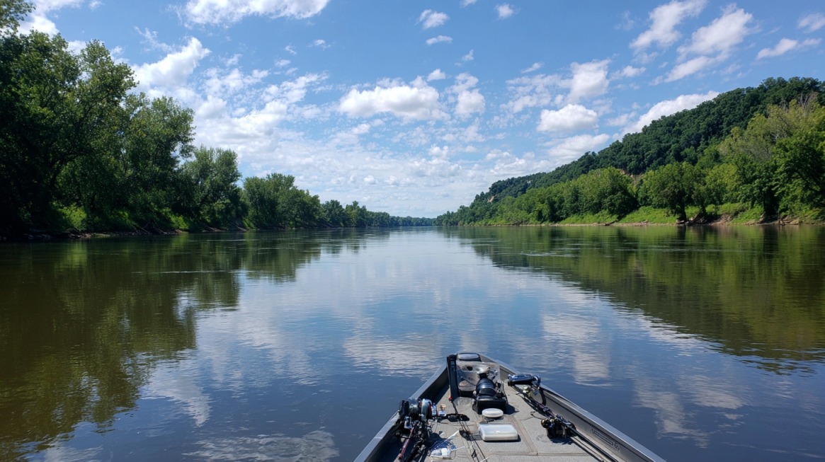 View from a boat on the Illinois River in summer, with calm water reflecting blue skies and green trees lining the shore