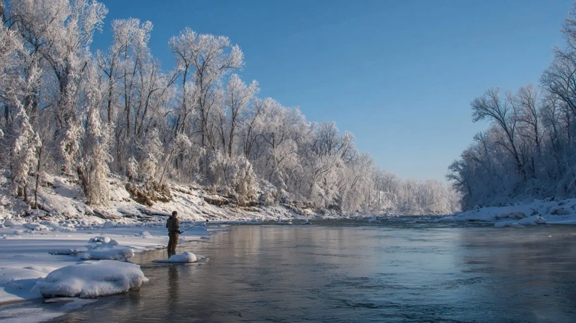 Angler fishing along the icy Illinois River in winter, surrounded by snow-covered trees and frozen riverbanks under a clear blue sky.