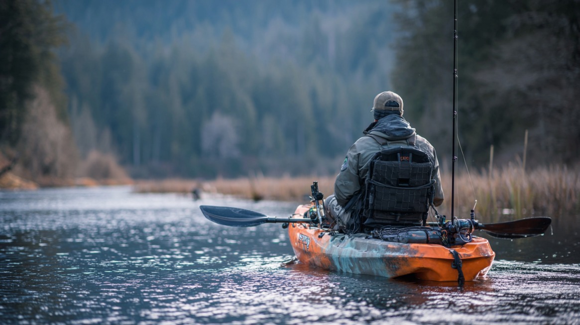 Person fishing from a kayak on a calm river with trees and reeds along the shoreline