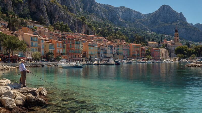 Person fishing from rocky shore beside a calm harbor with colorful waterfront buildings and mountains