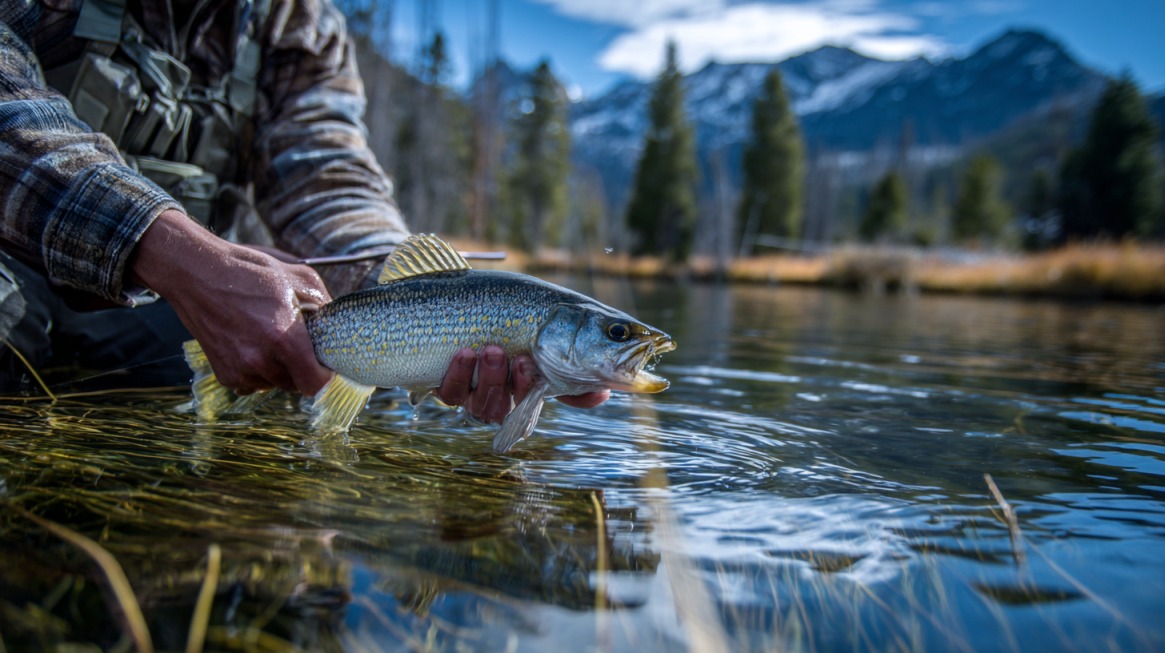 Fisherman gently holding a trout at water level in a clear alpine river with pine trees and snow-capped mountains in the background