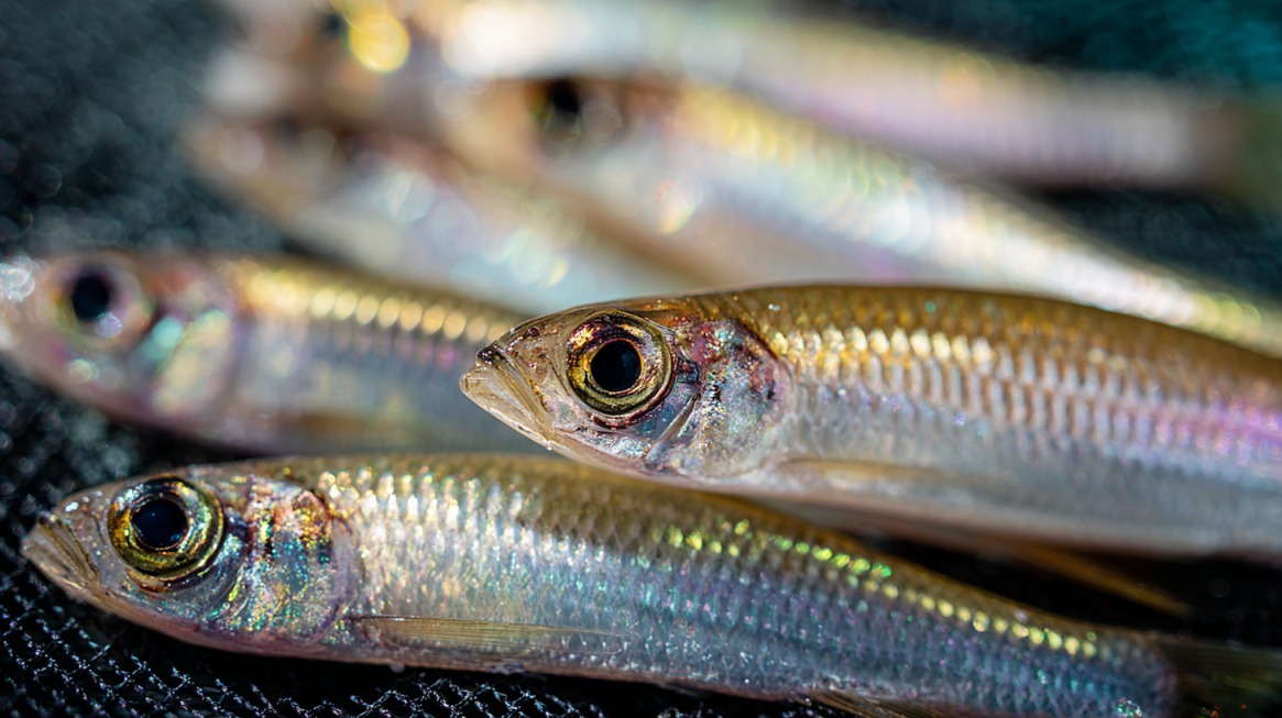 Close-up of iridescent baitfish lying together, showing shimmering scales and dark eyes