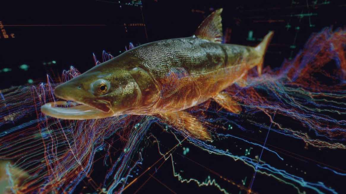 Fish illustrated over sonar-style depth lines showing underwater structure and thermocline