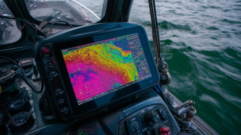 Sonar display on a boat showing colorful thermocline layers over water