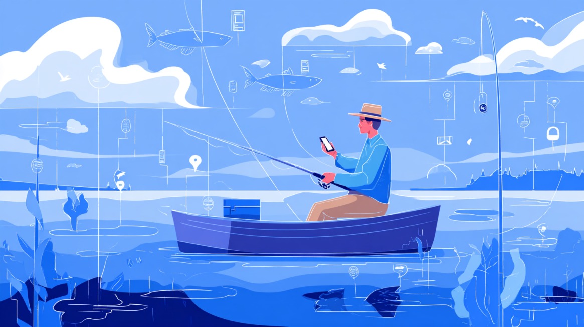 Person fishing from a small boat while checking a smartphone with digital fishing icons around