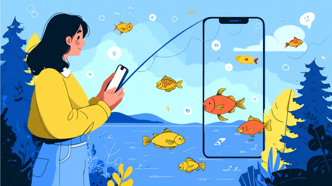 Illustration of a woman using her phone while fish appear through a giant smartphone screen
