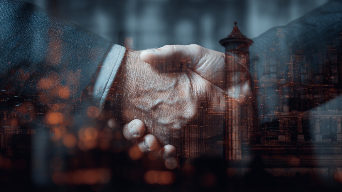 Two hands shaking in a double-exposure image with a city skyline overlay