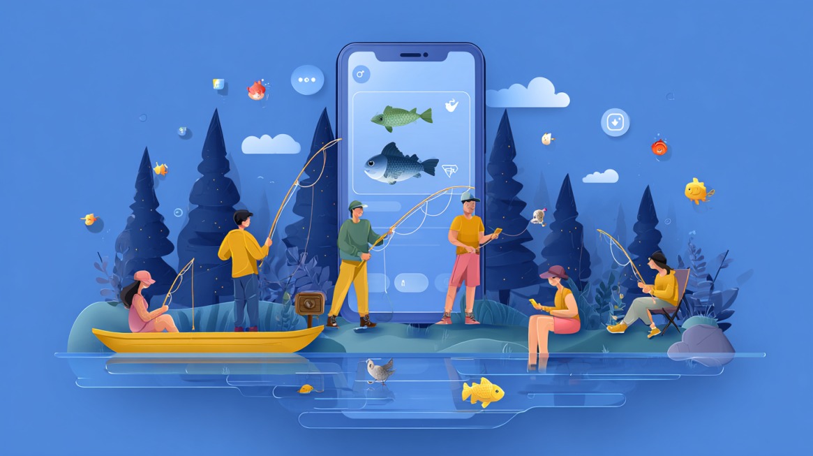 Illustration of people fishing around a giant smartphone showing fish on the screen