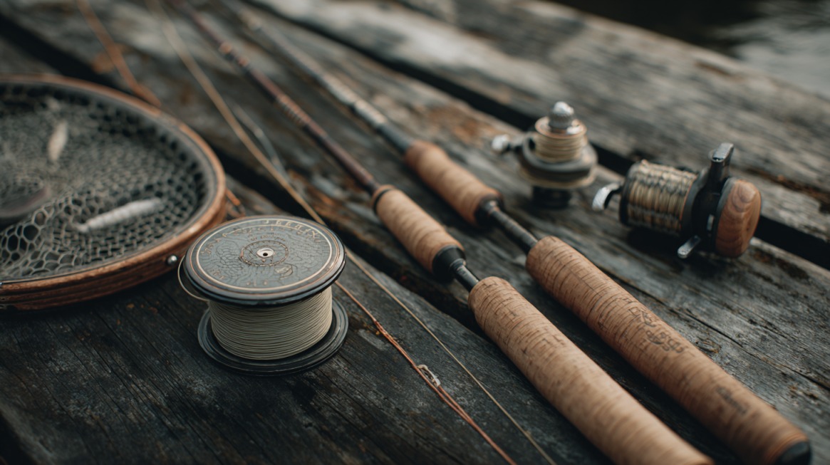 Fly fishing rods, reels, line spool, and landing net laid out on a wooden surface