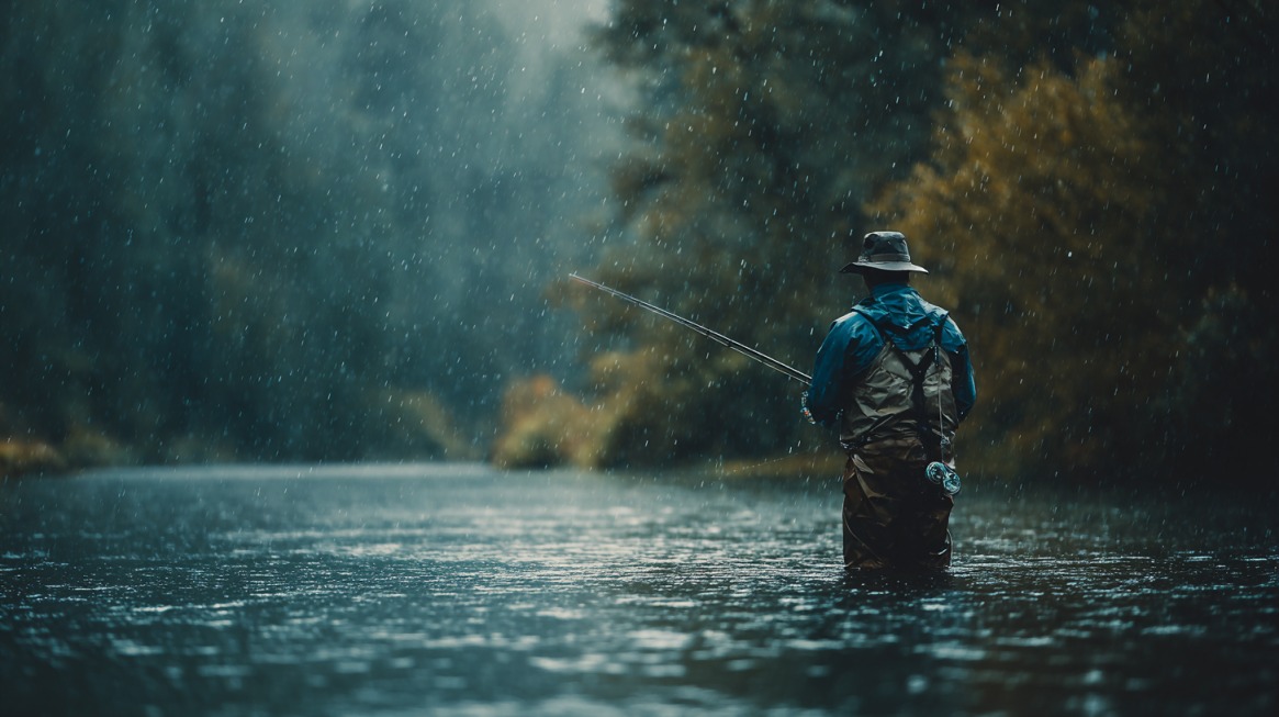 Angler fly fishing in a river during rainfall, surrounded by mist and forest