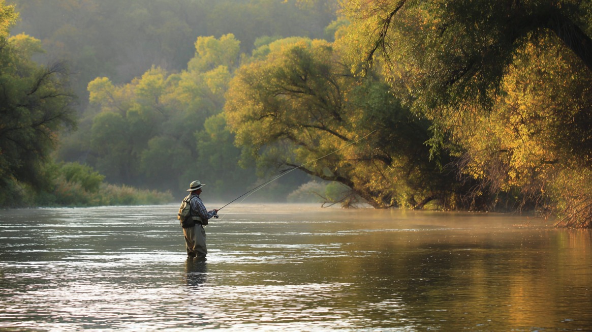 Fly angler standing in a calm river, casting toward shaded water beneath autumn trees